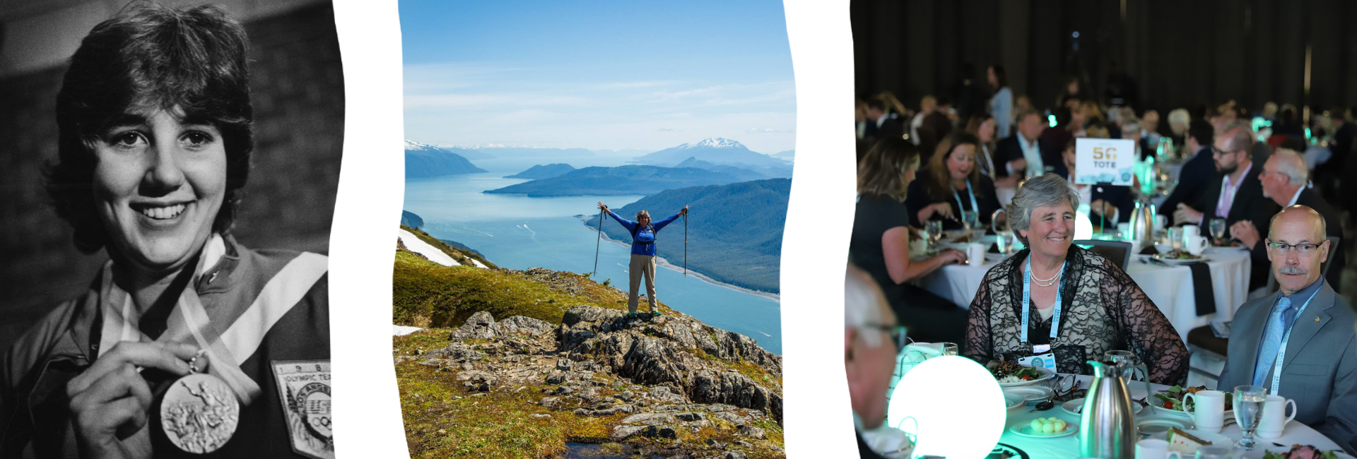 Photo of Pat Spurgin after winning the gold medal, Pat Pitney on a mountain with ocean behind, and Pat Pitney at a table with Mike Sfraga at a UAF event