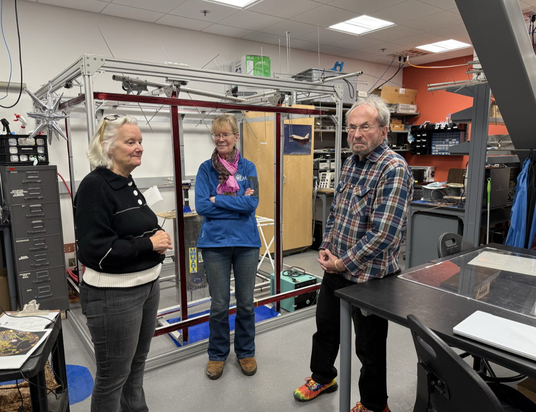 From left to right, Denise Thorsen, associate dean of academics, UAF Department of Electrical & Computer Engineering, and donors Rachel and Richard Kacsur visit one of the College of Engineering and Mines labs.