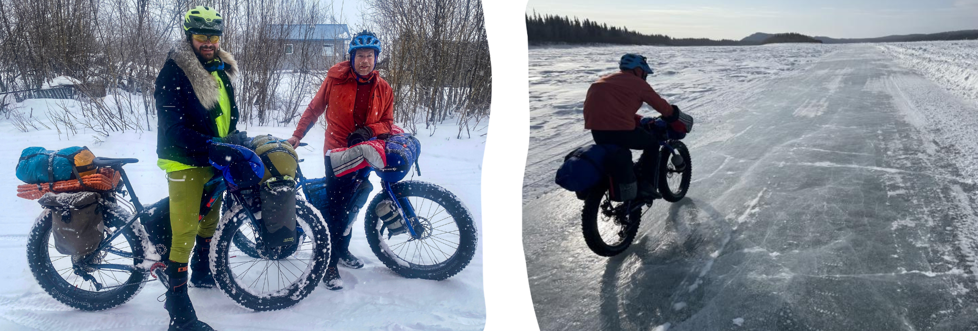 Photo of Forest Wagner and Ned Rozell standing next to their bikes combined with a photo of Ned Rozel riding his bike on a frozen lake.